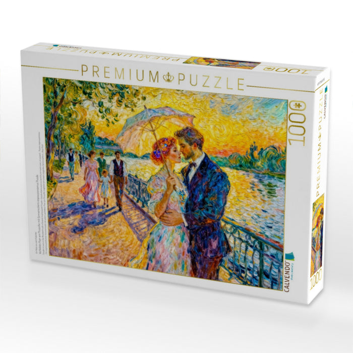 Verliebtes Paar am Flussufer mit Sonnenschirm Impressionismus Puzzle - CALVENDO Foto-Puzzle'