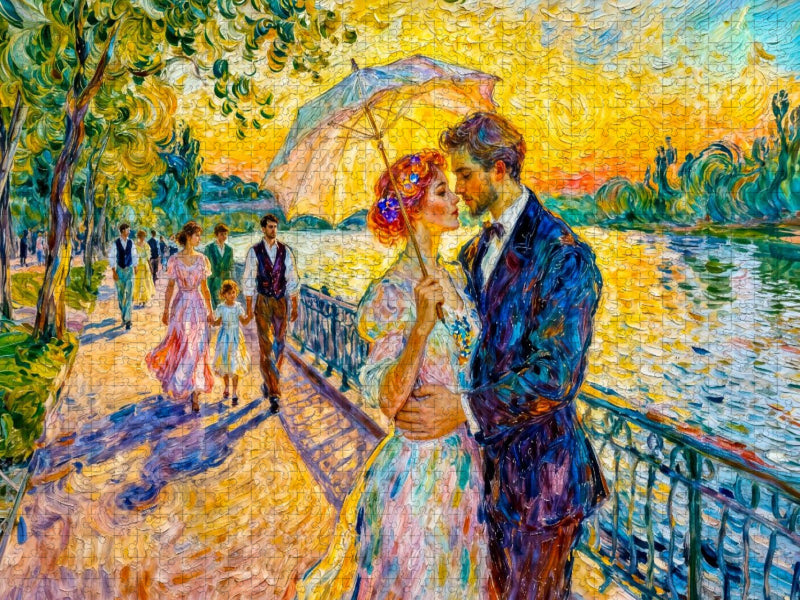 Verliebtes Paar am Flussufer mit Sonnenschirm Impressionismus Puzzle - CALVENDO Foto-Puzzle'
