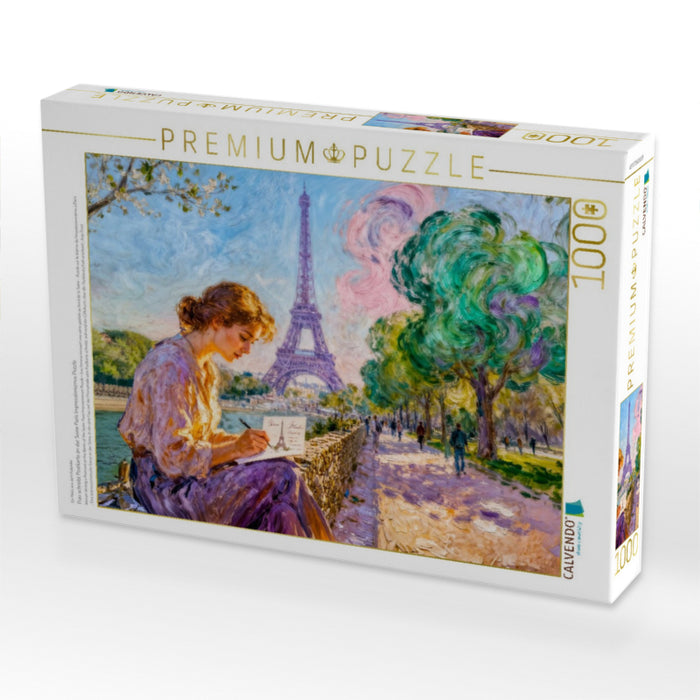 Frau schreibt Postkarte an der Seine Paris Impressionismus Puzzle - CALVENDO Foto-Puzzle'