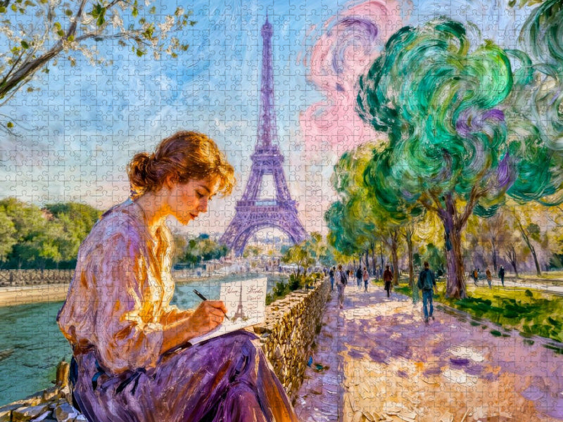 Frau schreibt Postkarte an der Seine Paris Impressionismus Puzzle - CALVENDO Foto-Puzzle'