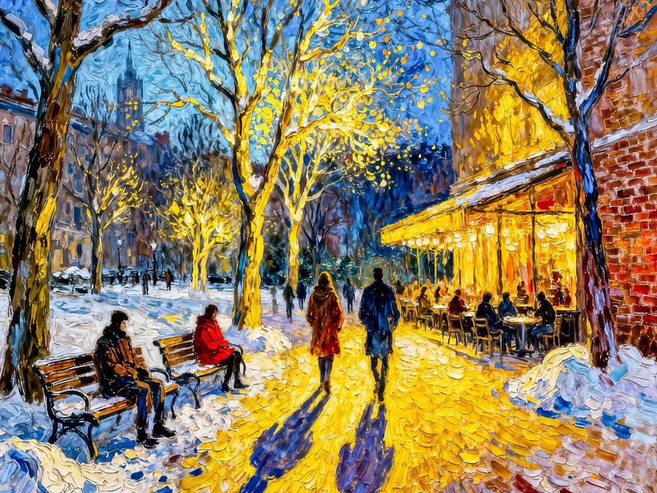 Winterliche Stadtszene am Parkrand mit Laternenlicht Impressionismus Puzzle - CALVENDO Foto-Puzzle'