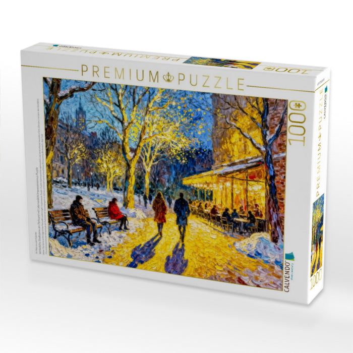 Winterliche Stadtszene am Parkrand mit Laternenlicht Impressionismus Puzzle - CALVENDO Foto-Puzzle'