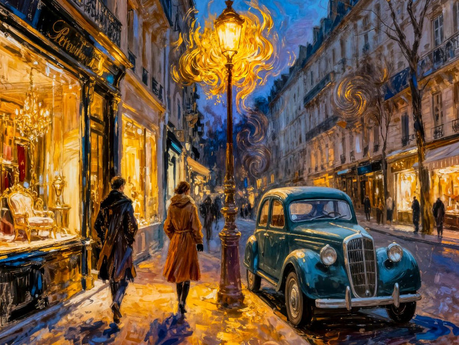 Abendliche Straßenszene mit Oldtimer im Laternenlicht Impressionismus Puzzle - CALVENDO Foto-Puzzle'