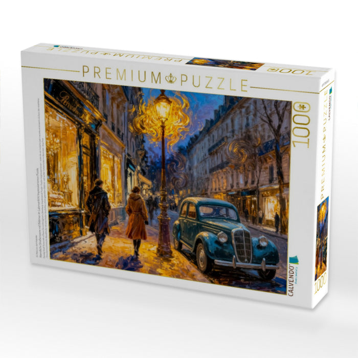 Abendliche Straßenszene mit Oldtimer im Laternenlicht Impressionismus Puzzle - CALVENDO Foto-Puzzle'