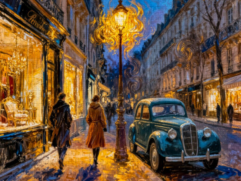 Abendliche Straßenszene mit Oldtimer im Laternenlicht Impressionismus Puzzle - CALVENDO Foto-Puzzle'