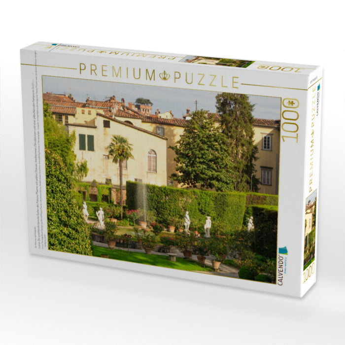 Lucca: Der prachtvolle barocke Garten des Palazzo Pfanner mit antiken Statuen, mediterranen Zitrusbäumen und einer plätschernden Fontäne im Frühlingslicht. - CALVENDO Foto-Puzzle'