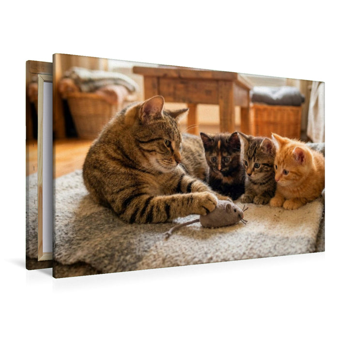 Premium Textil-Leinwand Mauserklärung - Katzenmutter und Kätzchen
