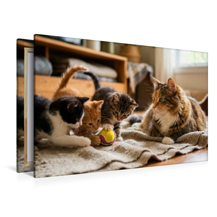 Premium Textil-Leinwand Kätzchen spielen mit dem Ball