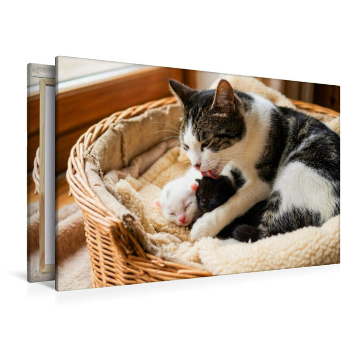 Premium Textil-Leinwand Morgenwäsche - Katzenmutter und Kätzchen