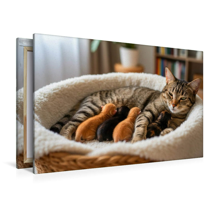 Premium Textil-Leinwand Schnurrendes Wohlgefühl im Katzenkörbchen