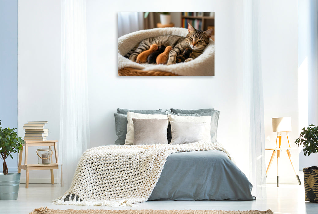 Premium Textil-Leinwand Schnurrendes Wohlgefühl im Katzenkörbchen