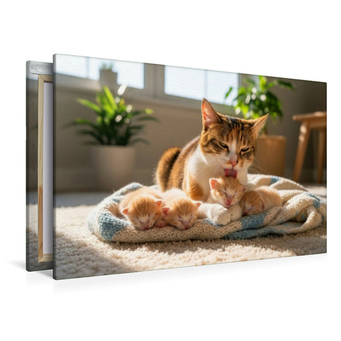 Premium Textil-Leinwand Katzenmutter und Kitten
