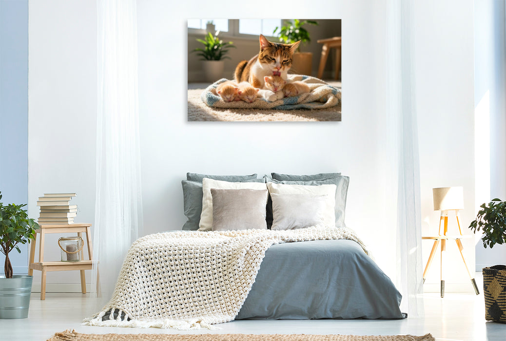 Premium Textil-Leinwand Katzenmutter und Kitten