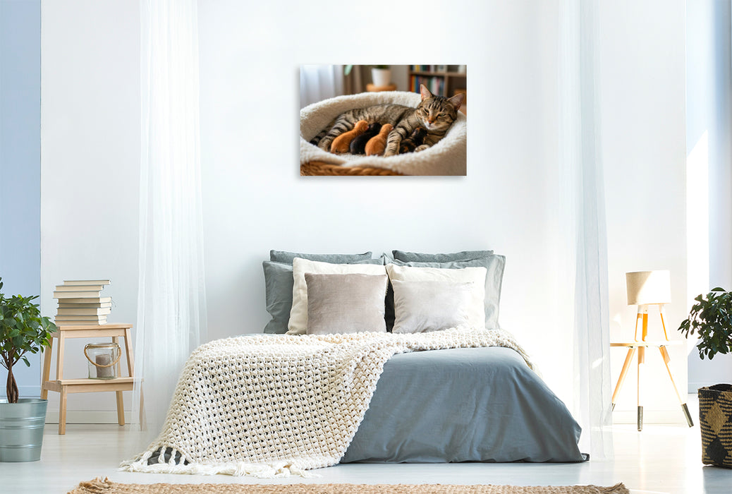 Premium Textil-Leinwand Schnurrendes Wohlgefühl im Katzenkörbchen