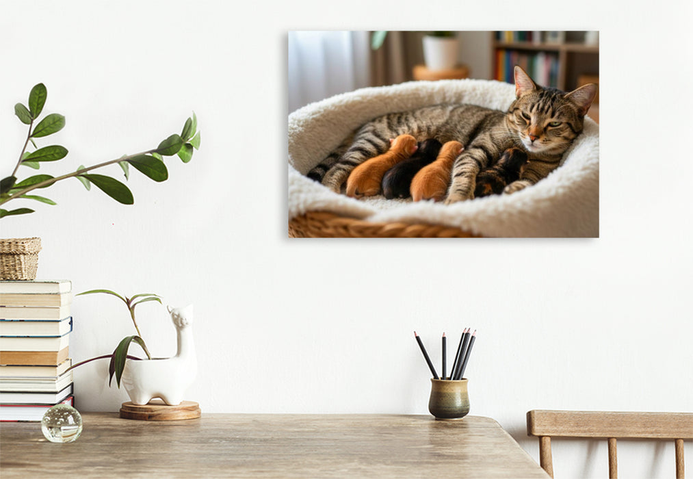 Premium Textil-Leinwand Schnurrendes Wohlgefühl im Katzenkörbchen