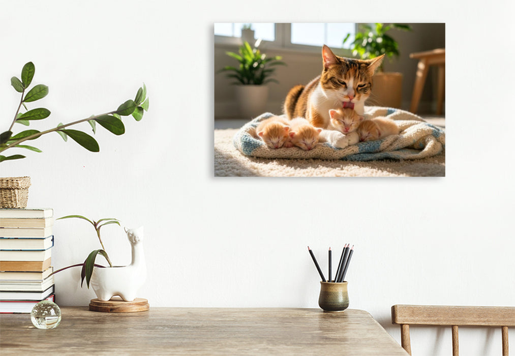 Premium Textil-Leinwand Katzenmutter und Kitten