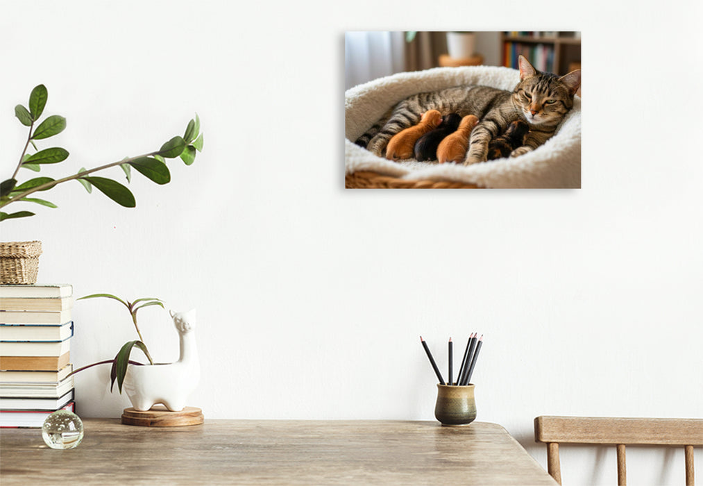 Premium Textil-Leinwand Schnurrendes Wohlgefühl im Katzenkörbchen