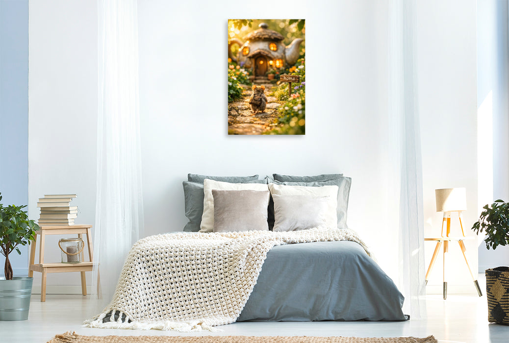 Premium Textil-Leinwand Die kleine Maus am Teekannenhaus