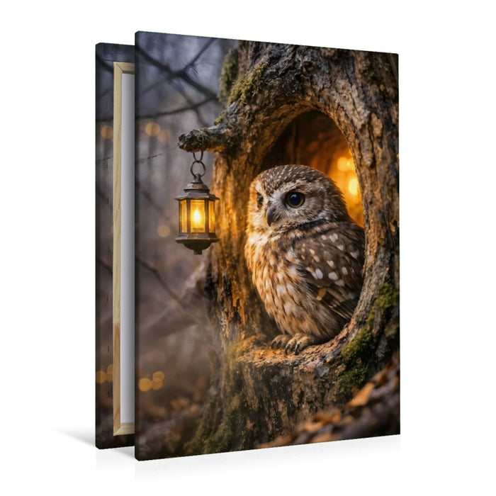 Premium Textil-Leinwand Die kleine Eule an ihrer Baumhöhle