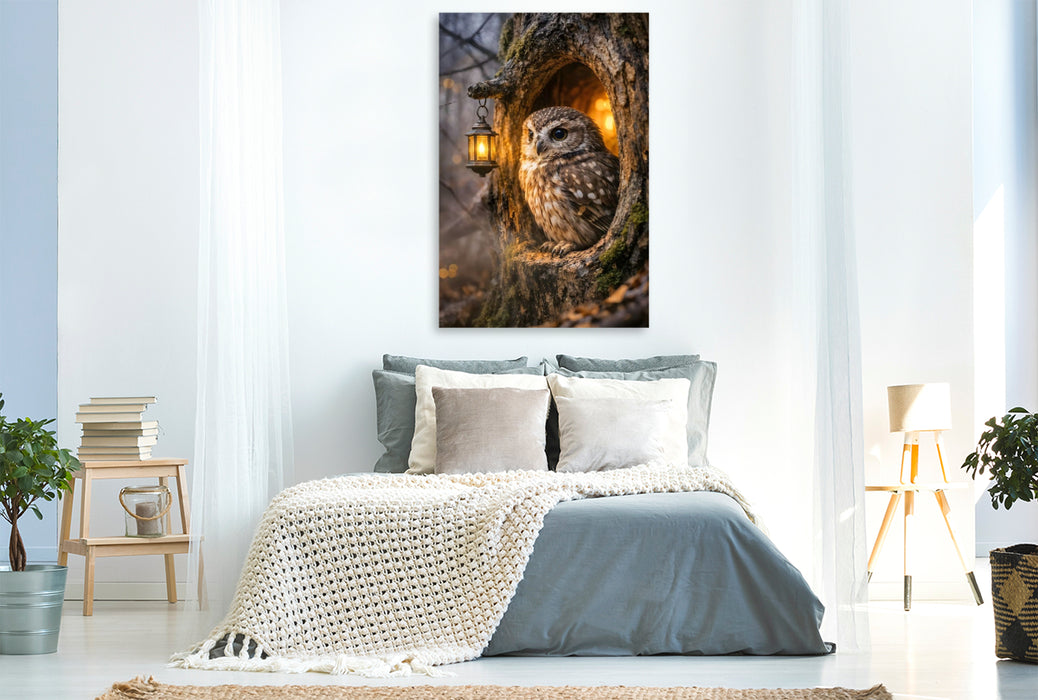 Premium Textil-Leinwand Die kleine Eule an ihrer Baumhöhle
