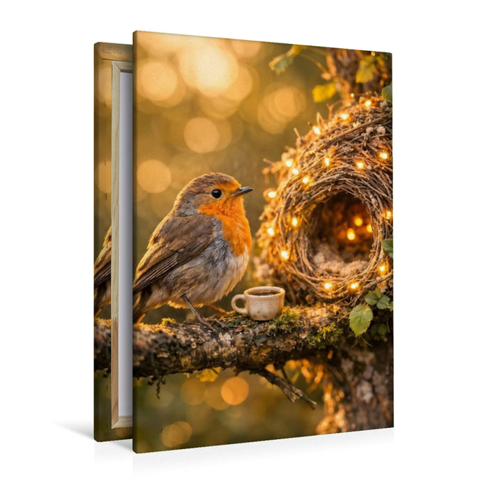 Premium Textil-Leinwand Zuhause unter weitem Himmel - Der kleine Vogel in seinem Nest