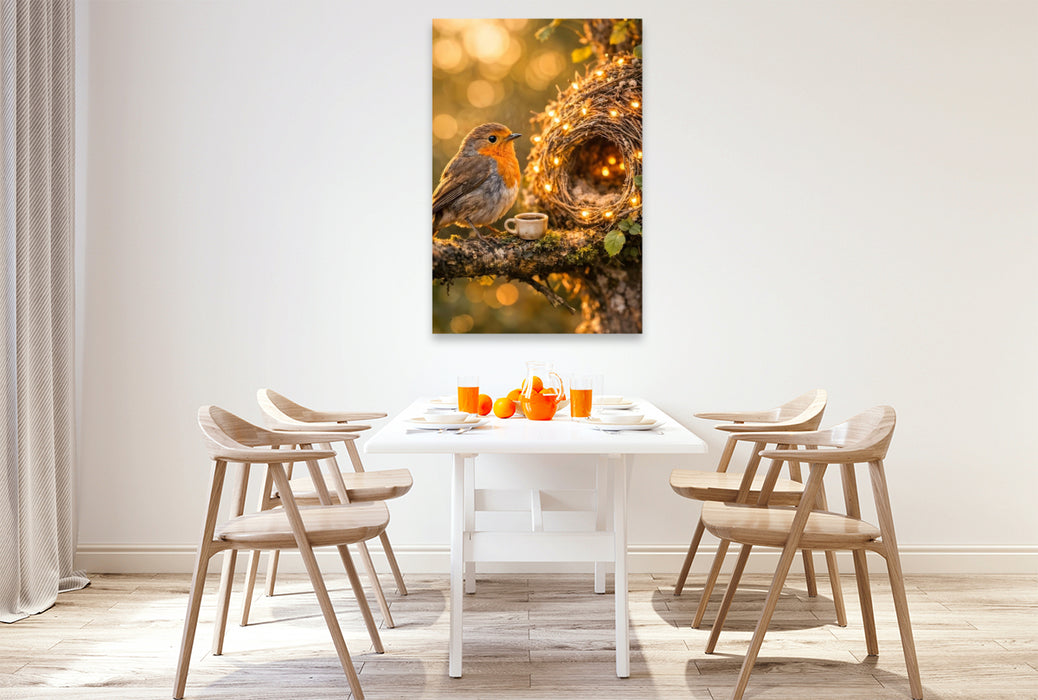 Premium Textil-Leinwand Zuhause unter weitem Himmel - Der kleine Vogel in seinem Nest
