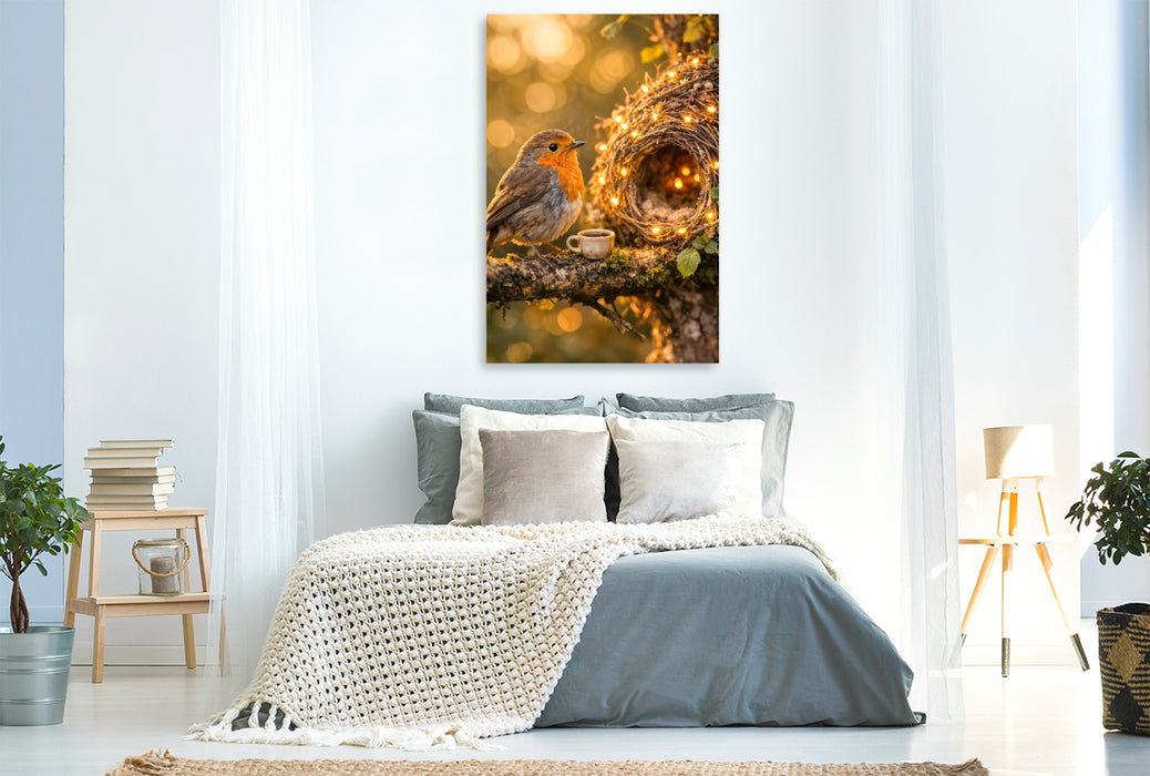 Premium Textil-Leinwand Zuhause unter weitem Himmel - Der kleine Vogel in seinem Nest