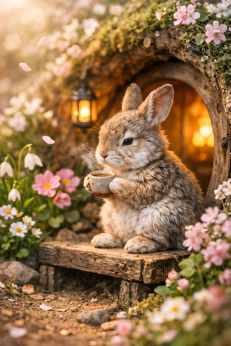 Premium Textil-Leinwand Ein Moment zum Durchatmen - Der kleine Hase vor seinem Bau
