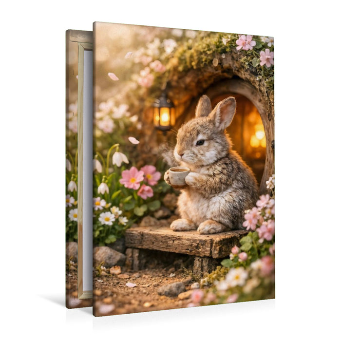 Premium Textil-Leinwand Ein Moment zum Durchatmen - Der kleine Hase vor seinem Bau
