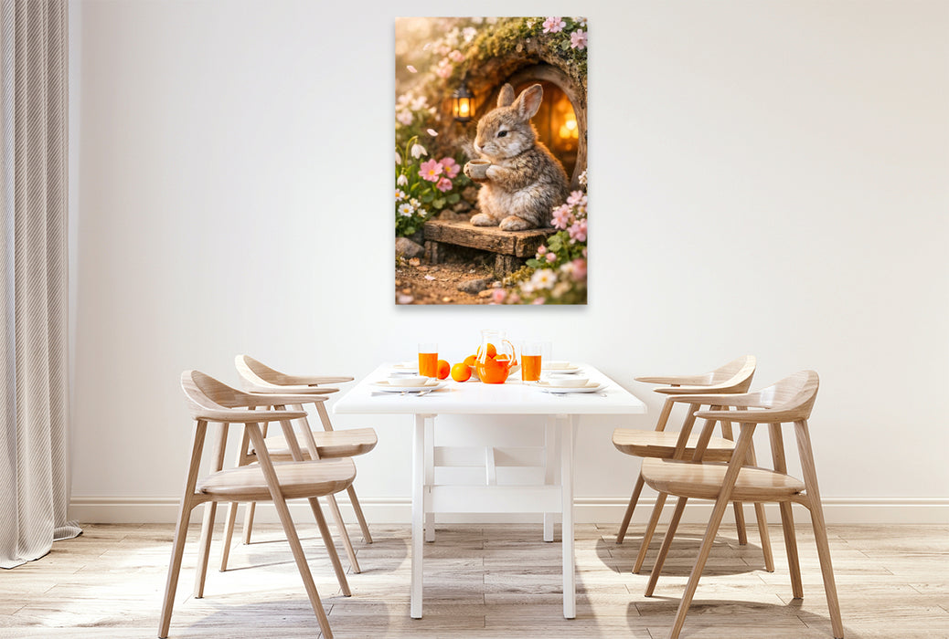 Premium Textil-Leinwand Ein Moment zum Durchatmen - Der kleine Hase vor seinem Bau