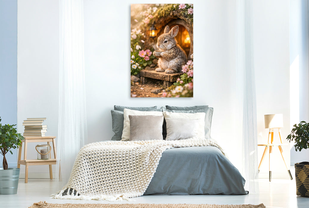 Premium Textil-Leinwand Ein Moment zum Durchatmen - Der kleine Hase vor seinem Bau