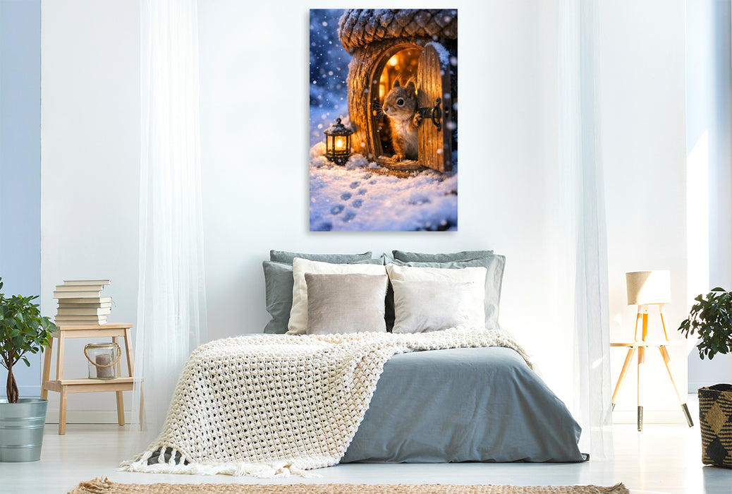 Premium Textil-Leinwand Das Eichhörnchen öffnet sein Zuhause