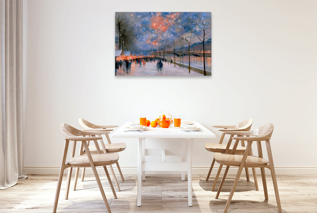 Premium Textil-Leinwand Weihnachtsmarkt am Fluss