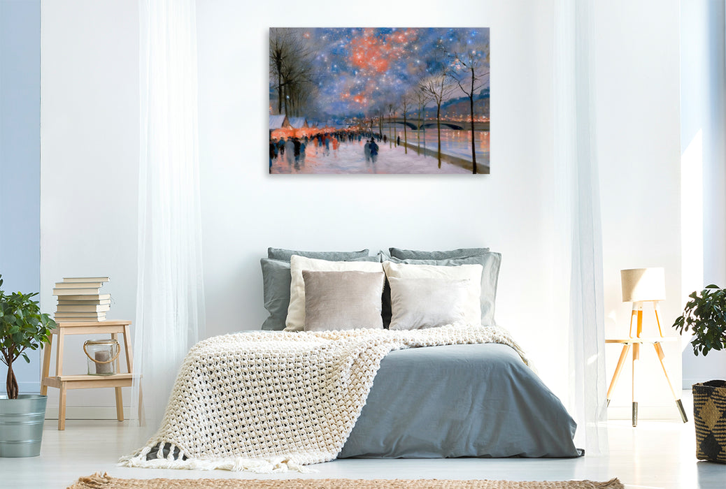 Premium Textil-Leinwand Weihnachtsmarkt am Fluss
