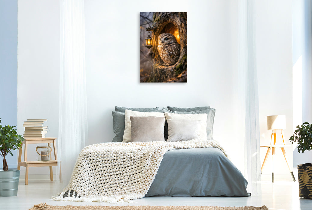 Premium Textil-Leinwand Die kleine Eule an ihrer Baumhöhle