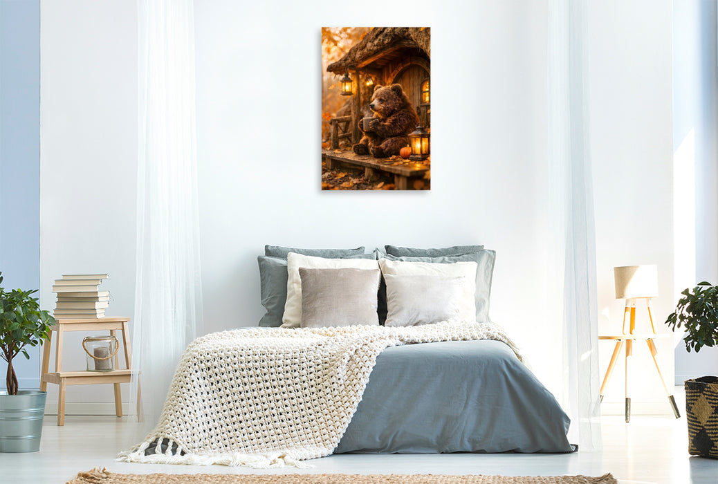 Premium Textil-Leinwand Der kleine Bär vor seiner Höhle