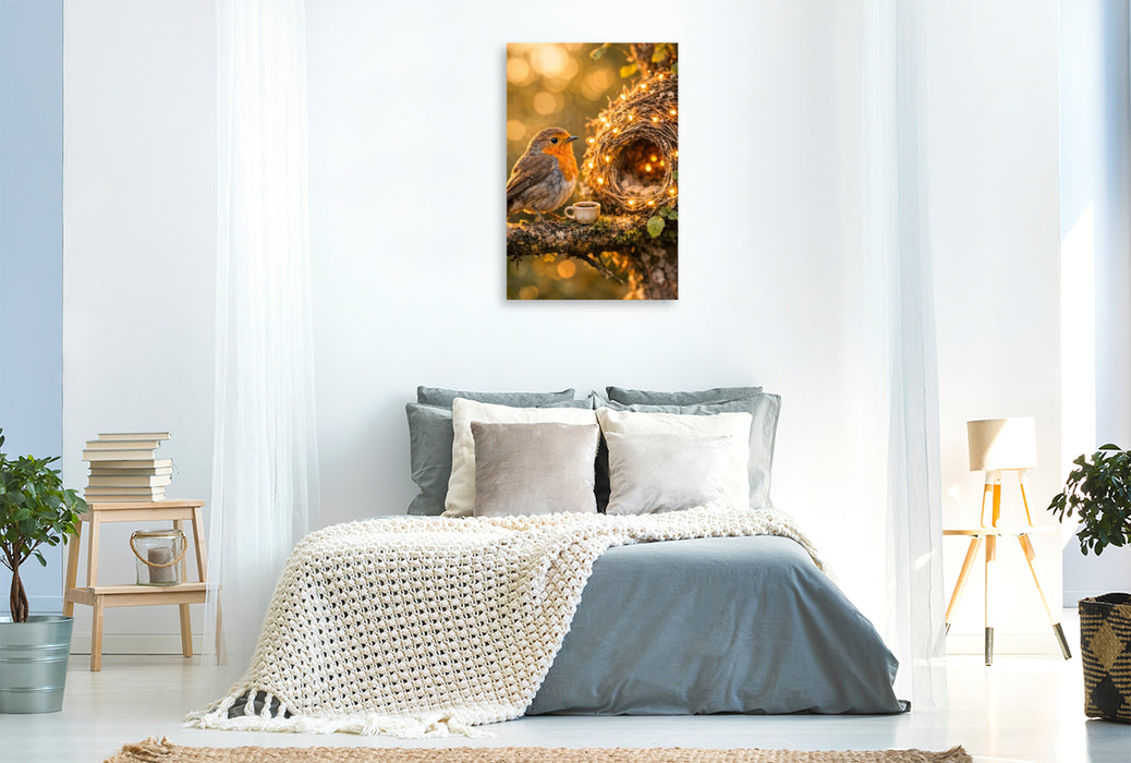 Premium Textil-Leinwand Zuhause unter weitem Himmel - Der kleine Vogel in seinem Nest