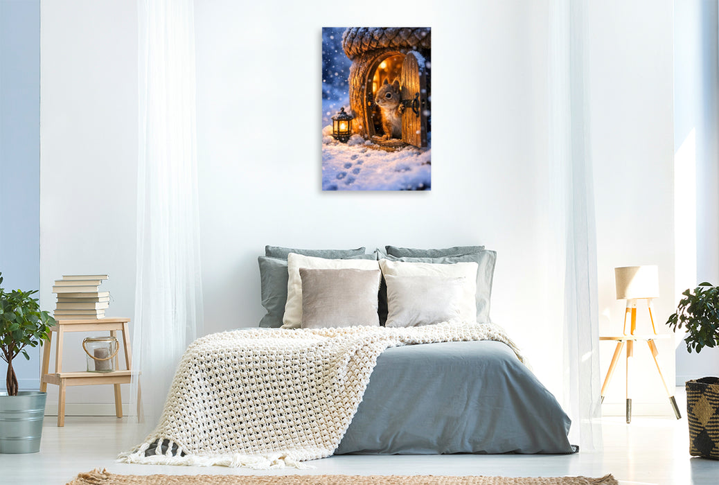 Premium Textil-Leinwand Das Eichhörnchen öffnet sein Zuhause