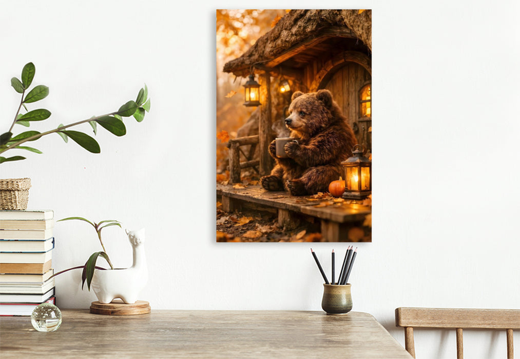 Premium Textil-Leinwand Der kleine Bär vor seiner Höhle