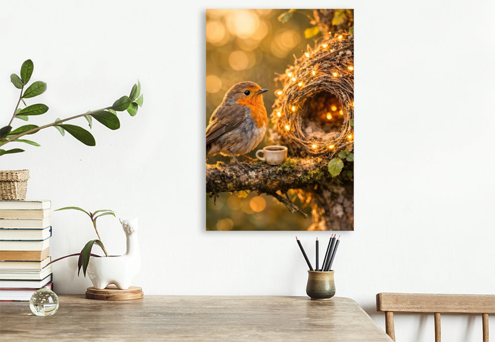 Premium Textil-Leinwand Zuhause unter weitem Himmel - Der kleine Vogel in seinem Nest