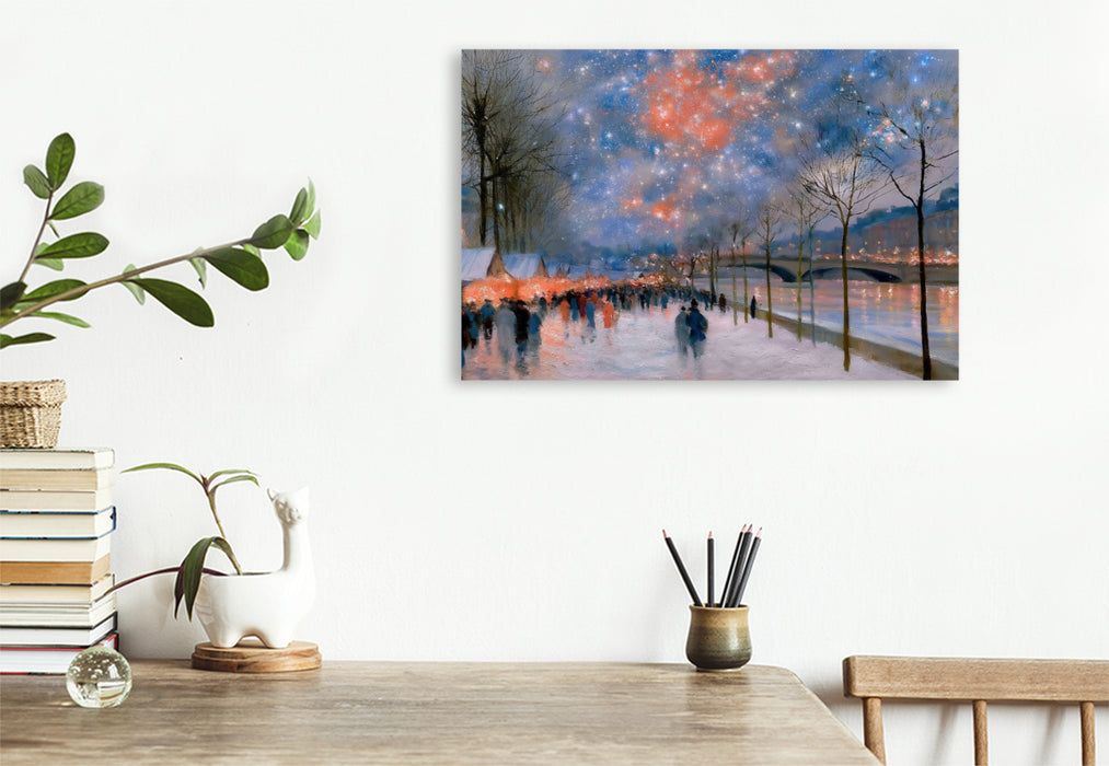 Premium Textil-Leinwand Weihnachtsmarkt am Fluss