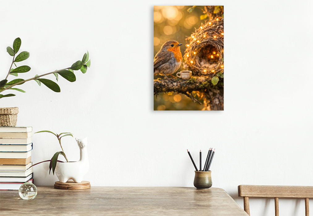 Premium Textil-Leinwand Zuhause unter weitem Himmel - Der kleine Vogel in seinem Nest