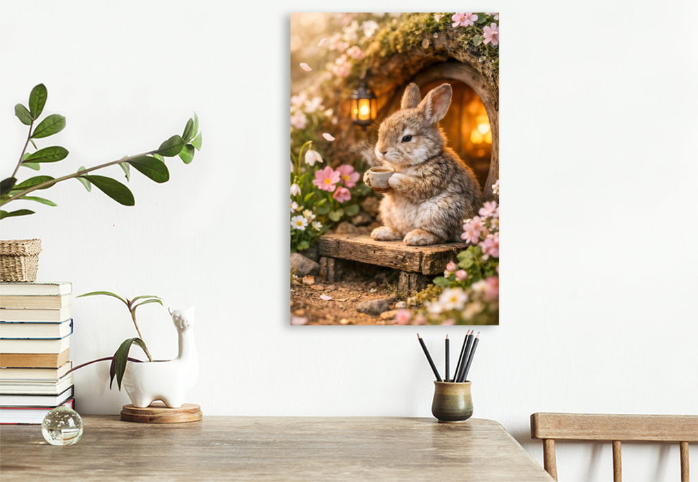 Premium Textil-Leinwand Ein Moment zum Durchatmen - Der kleine Hase vor seinem Bau