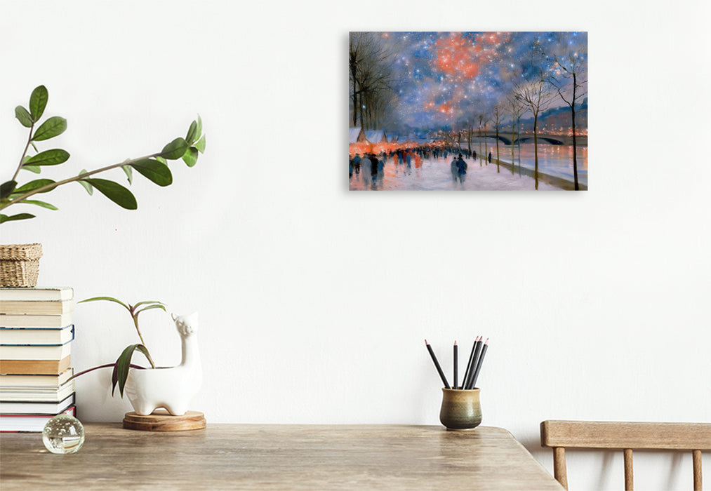 Premium Textil-Leinwand Weihnachtsmarkt am Fluss