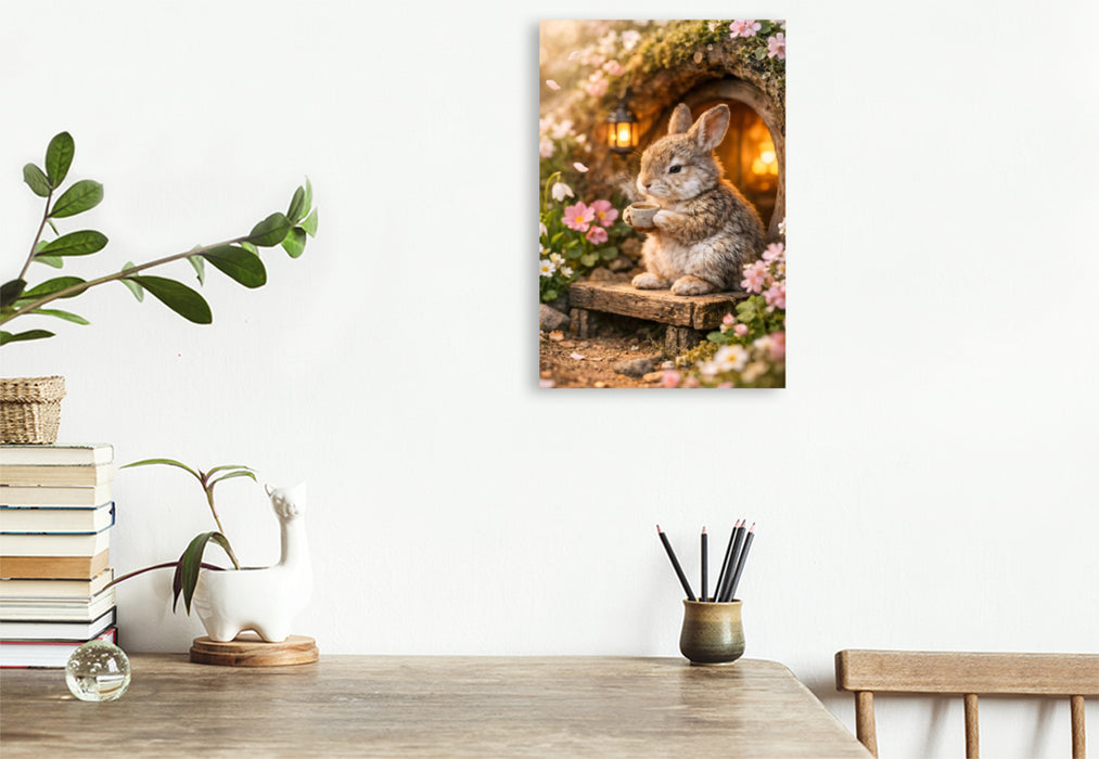 Premium Textil-Leinwand Ein Moment zum Durchatmen - Der kleine Hase vor seinem Bau