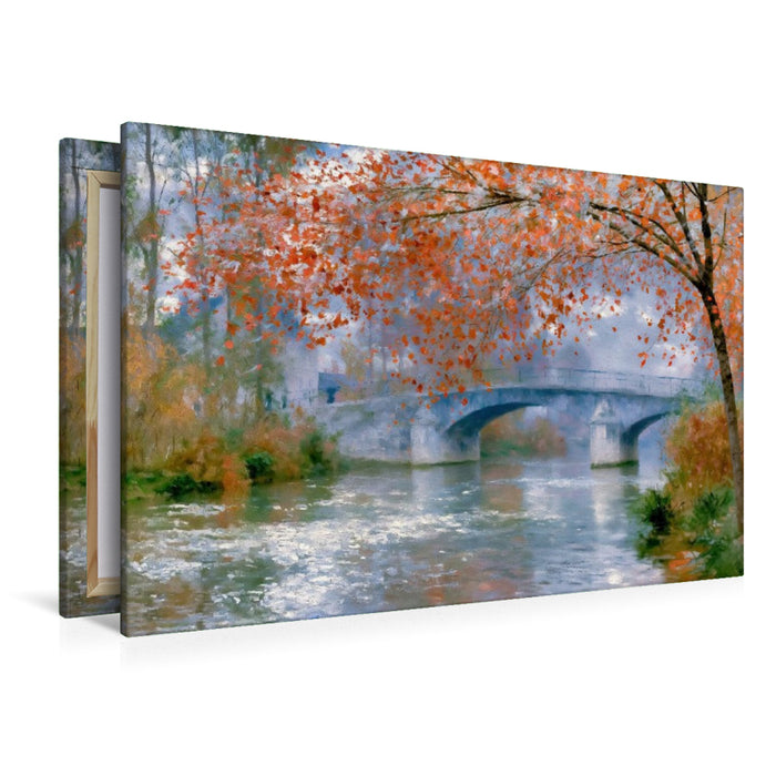 Premium Textil-Leinwand Fluss mit Brücke im Herbst
