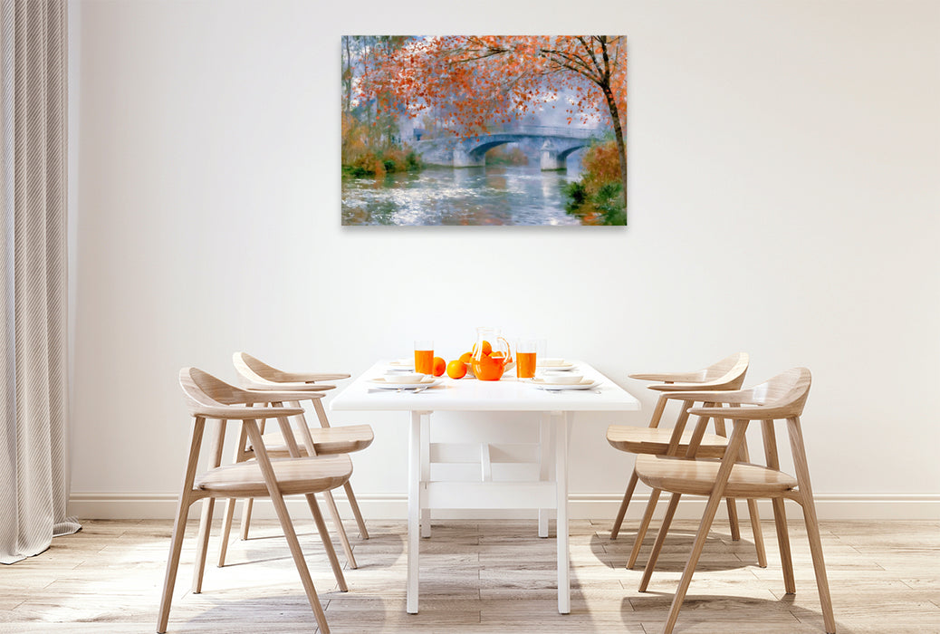 Premium Textil-Leinwand Fluss mit Brücke im Herbst