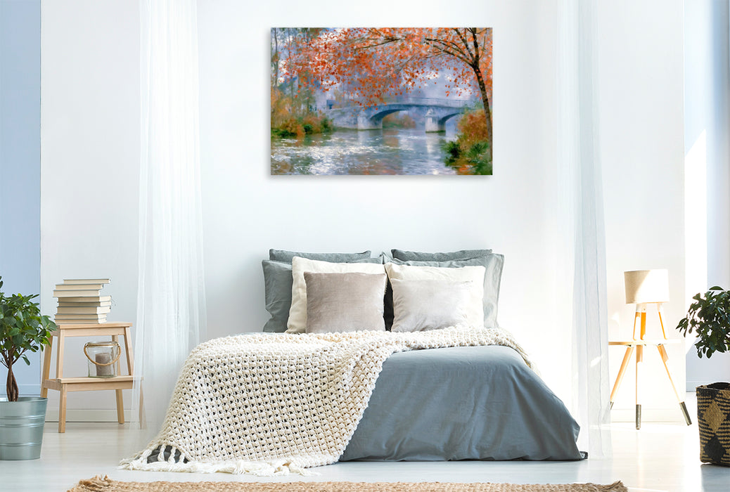 Premium Textil-Leinwand Fluss mit Brücke im Herbst