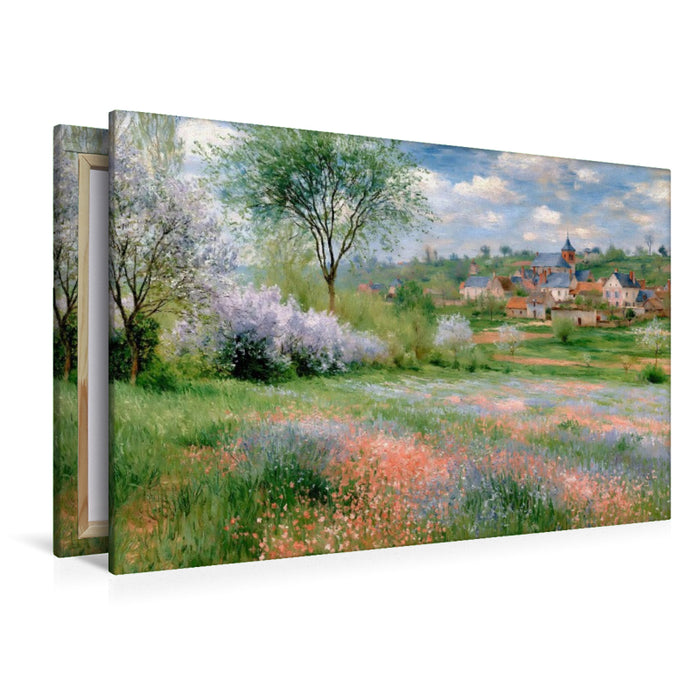 Premium Textil-Leinwand Bunte Wiesen mit Blick zum Dorf