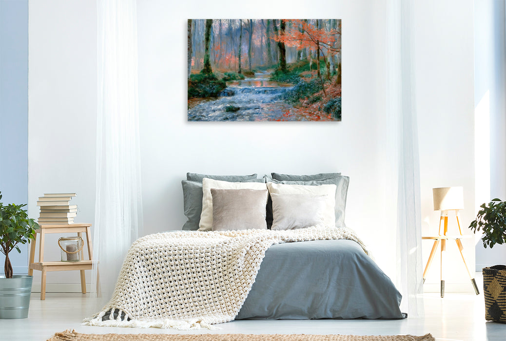 Premium Textil-Leinwand Kühler Bach im lichten Wald